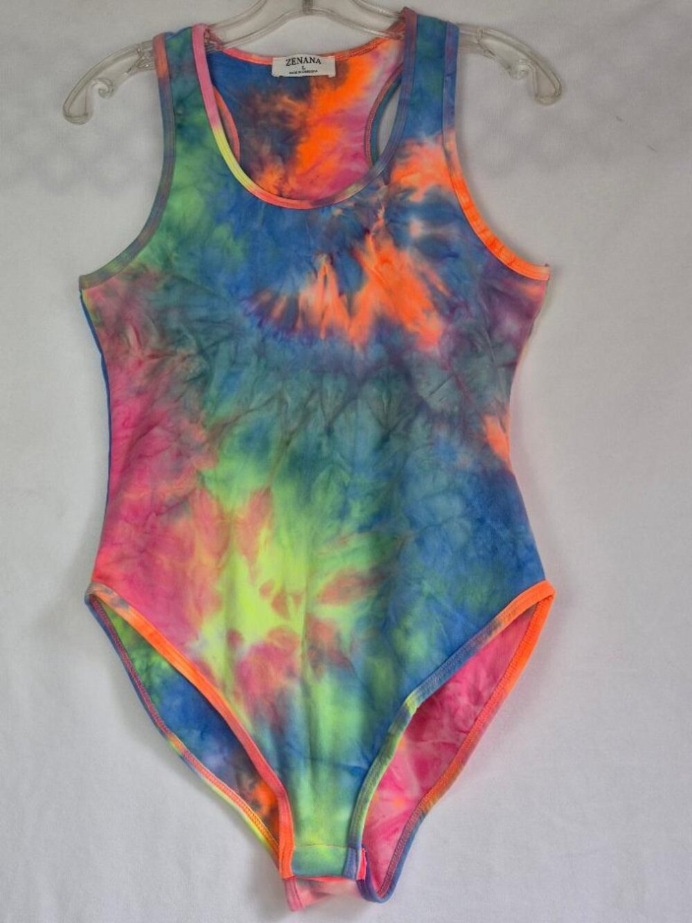 ZENANA Women's Neon Rainbow Tie Dye Bodysuit Racerback Tank Size L NWOT